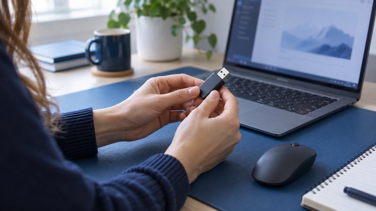 Employee inspecting a USB device beside a laptop in a blue-accented home office