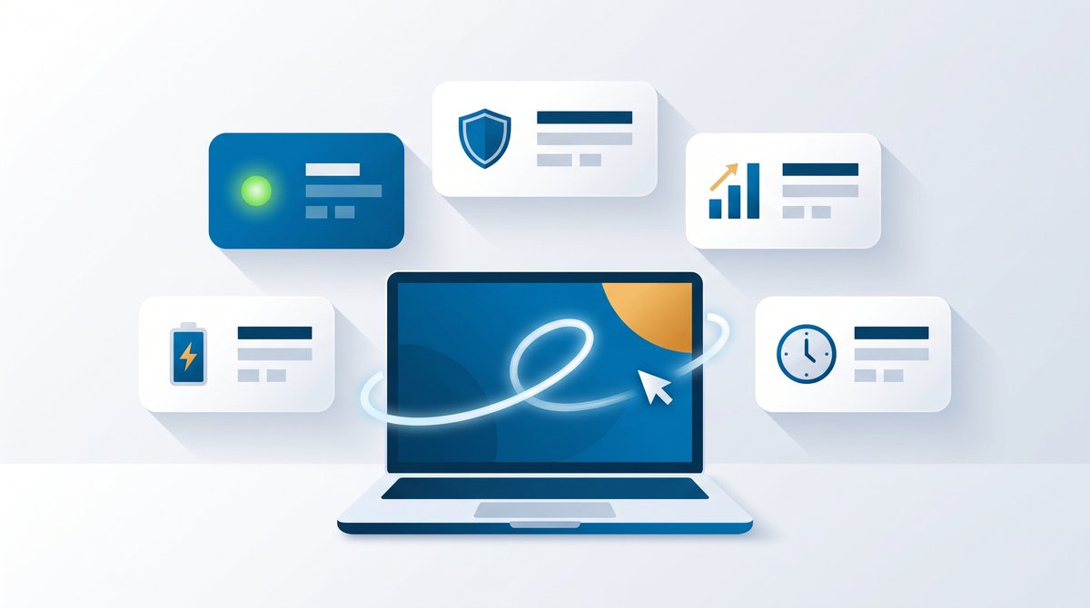 Illustration of a laptop surrounded by icons representing the benefits of using a mouse jiggler