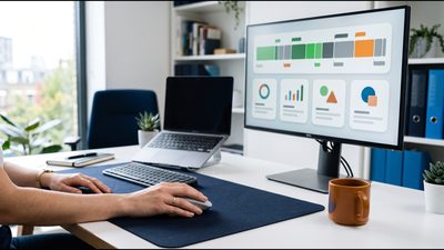 Employee using a mouse while a productivity timeline shows on the monitor