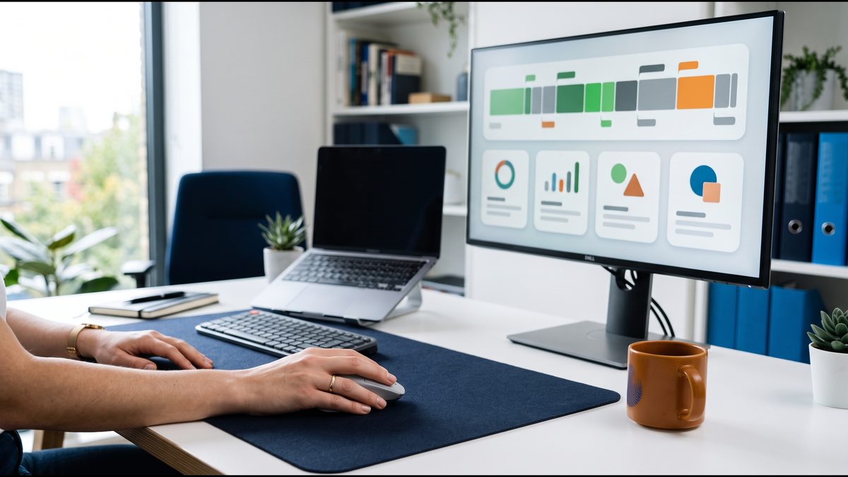 Employee using a mouse while a DeskTime-style productivity timeline shows on the monitor