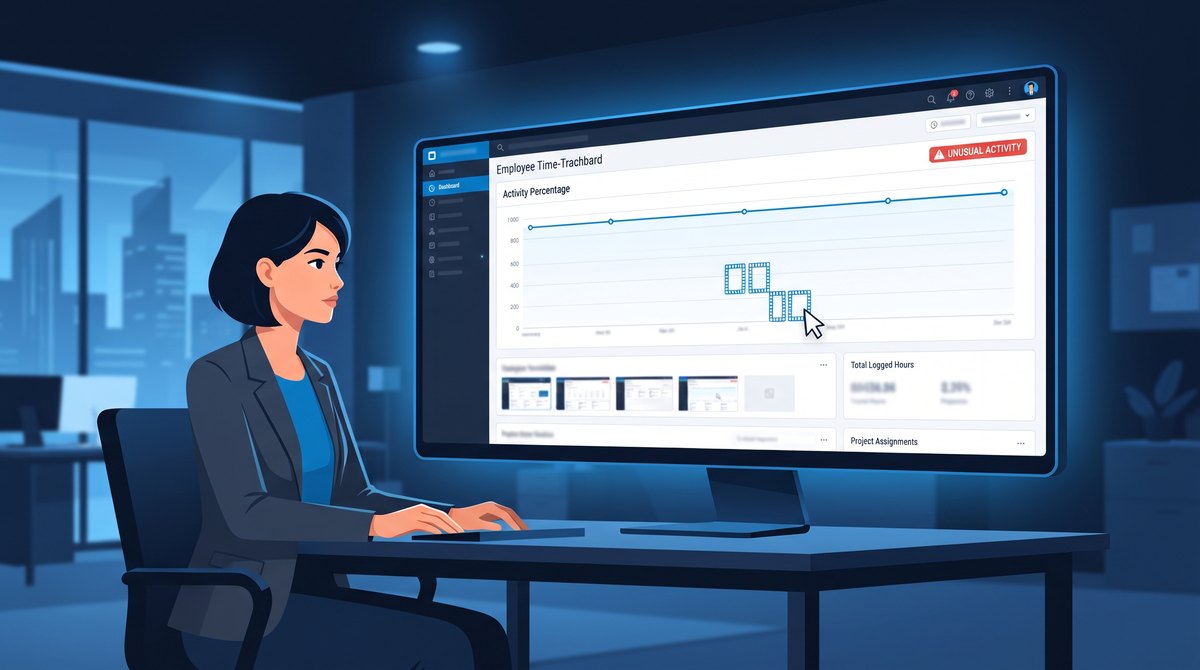 Manager reviewing a Hubstaff monitoring dashboard showing an Unusual Activity alert flagging a suspicious mouse jiggler session