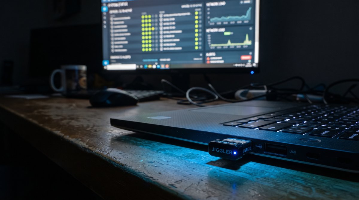 USB mouse jiggler dongle plugged into a laptop with a system monitoring dashboard glowing in the background