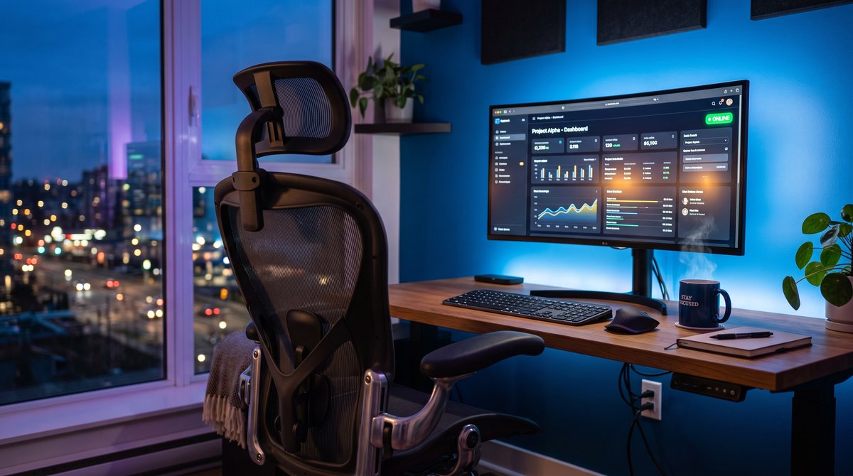 Empty office chair at a desk with a monitor showing an active online status while the computer stays awake