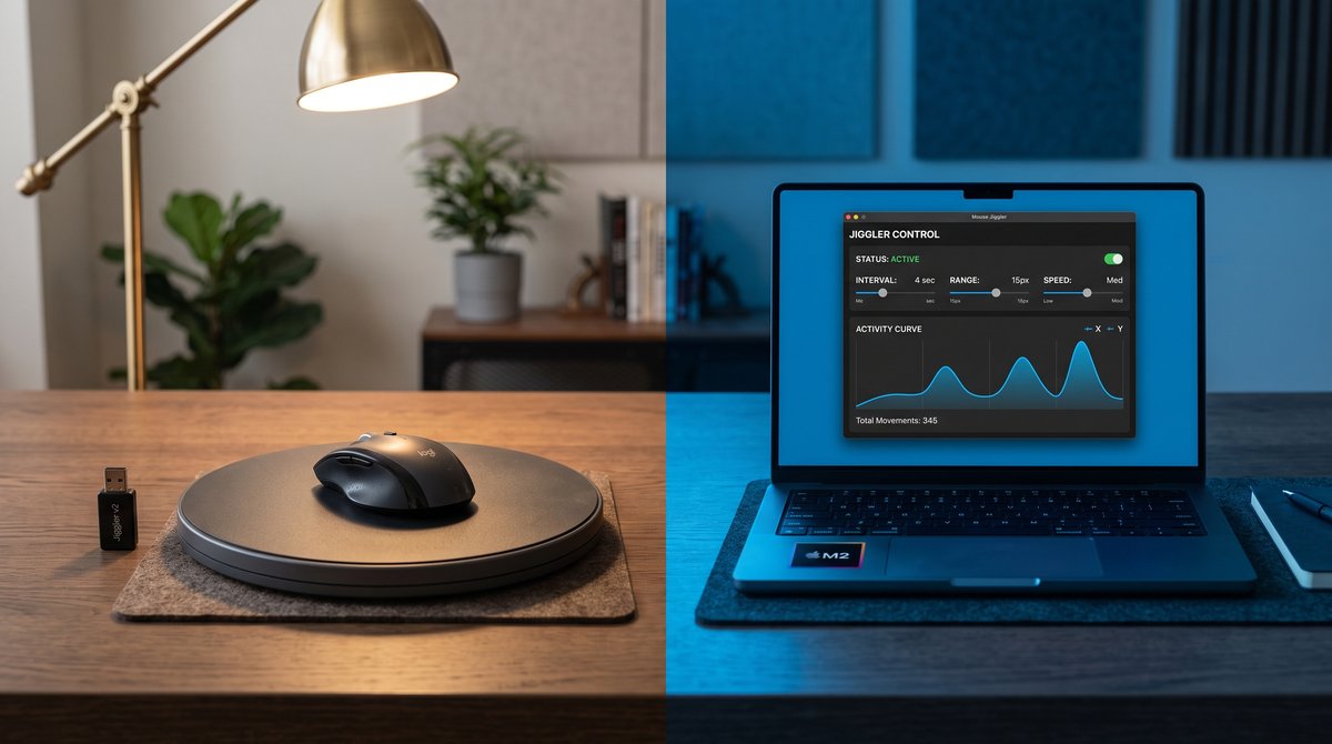 Split comparison of a hardware USB mouse jiggler and mouse-mover pad versus mouse jiggler software on a laptop
