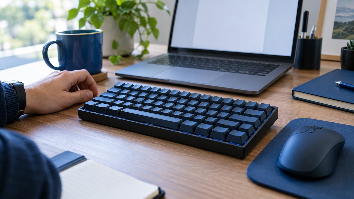Keyboard and mouse on a blue-accented employee workspace