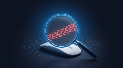 Magnifying glass over a mouse revealing a repetitive robotic movement pattern flagged in red