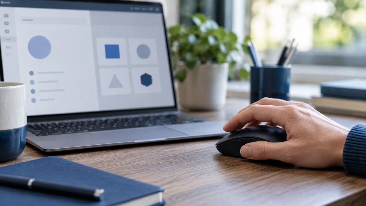 Hand resting on a mouse beside an abstract interface in a blue-accented workspace