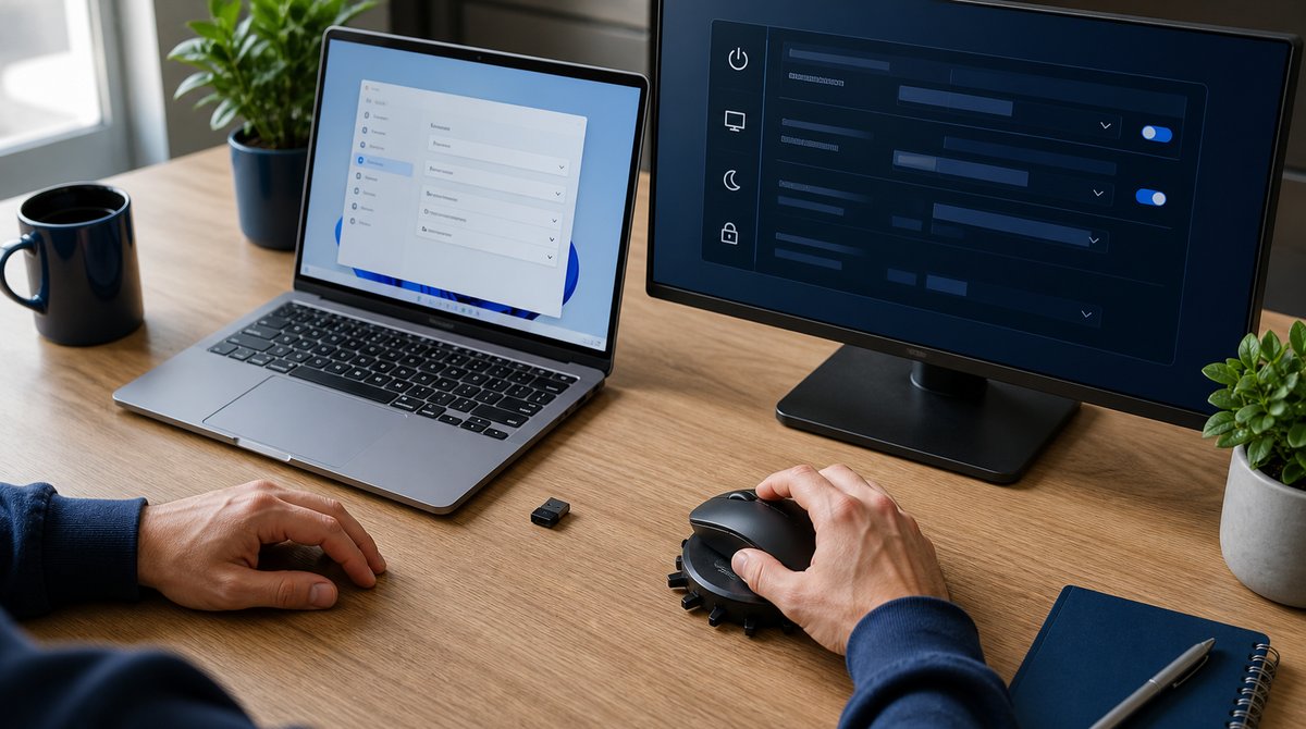 Employee comparing mouse jiggler options on a Windows 11 computer