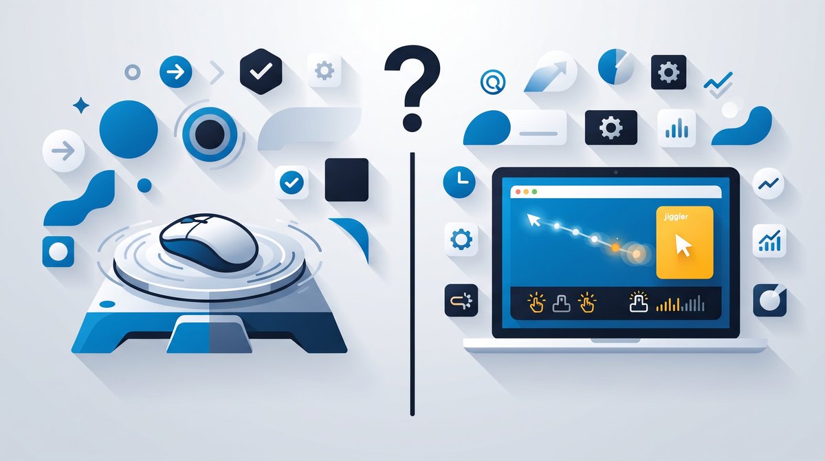 Split comparison: mechanical mouse mover platform on the left versus mouse jiggler software interface on the right