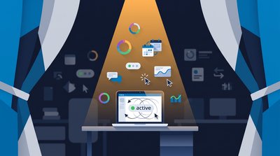 Productivity theater illustrated as a stage spotlight on a laptop showing an active status dot
