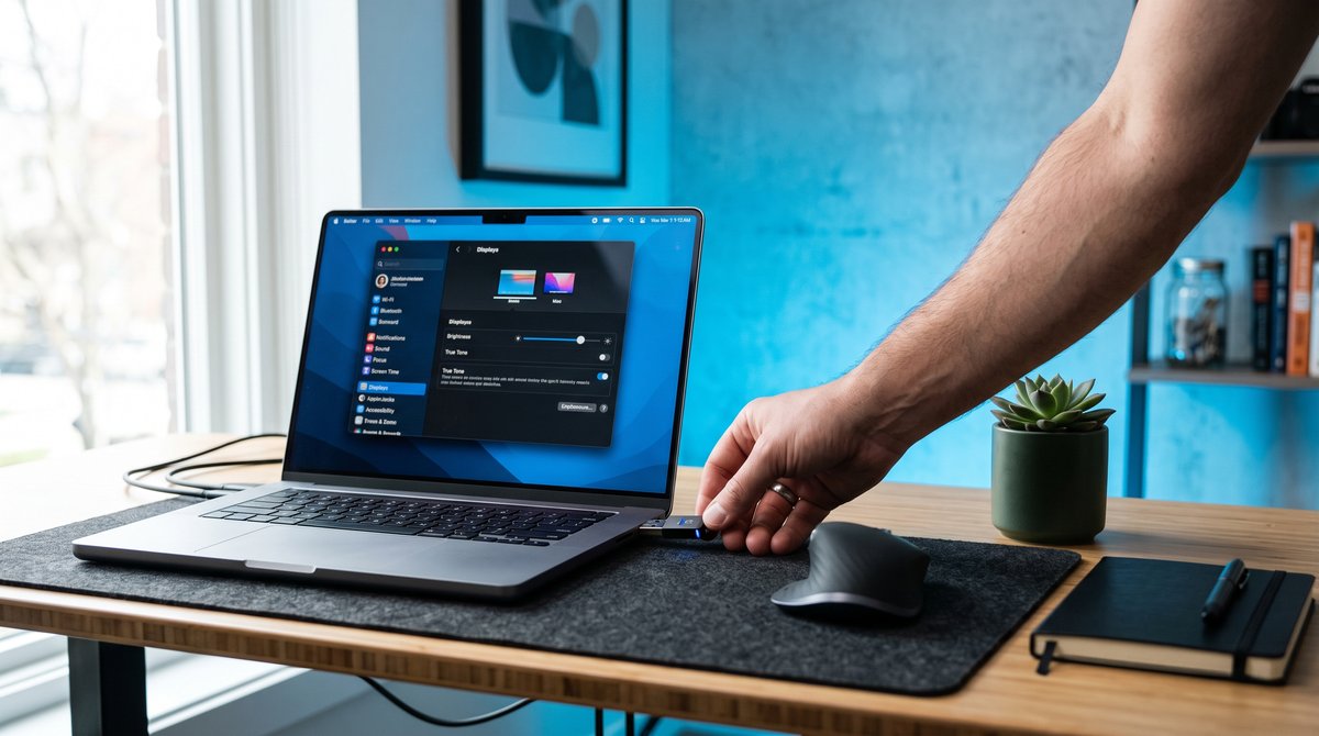 USB mouse jiggler dongle being plugged into a laptop next to mouse jiggler software settings